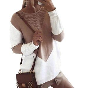 Long Sleeve Crew Pullover Tan Chevron Sweater